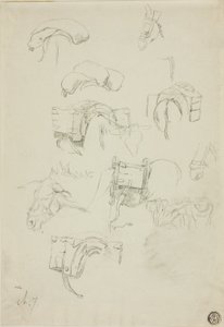 Blatt mit Skizzen: Details eines Esels und Ausrüstungen von Charles Emile Jacque