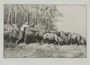 Schweineherde verlässt einen Wald von Charles Emile Jacque