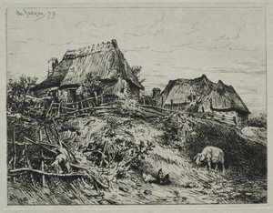 Zwei Hütten auf einem Ufer von Charles Emile Jacque