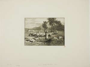 Frau, die eine Schweineherde bewacht von Charles Emile Jacque