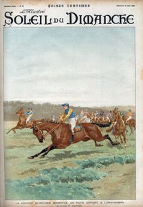 Pferderennen: „La grande forzaine sportif: ein falscher Start auf der Rennbahn von Longchamps“. Aquarell von Condamy Gravur in „Le sun-du-dimanche“, 18. Juni von Charles Fernand de (after) Condamy