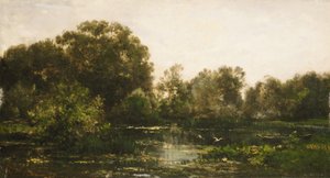 Eine Flusslandschaft mit Störchen, 1864