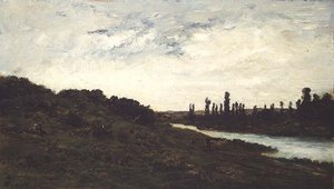 Hirten und Vieh in einer bewaldeten Flusslandschaft von Charles Francois Daubigny