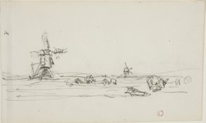 Landschaft in Holland (recto); Skizze von Windmühlen am Wasser (verso) von Charles Francois Daubigny