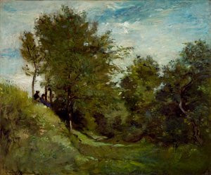 Landschaft mit Figuren, die auf einer Bank sitzen, späte 1870er
