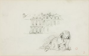Skizzen: Das Rathaus von Tours und ein Mädchen beim Spielen (Vorderseite); Storch (Rückseite) von Charles Francois Daubigny