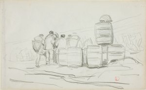 Studie einer Gruppe von Menschen mit Fässern (recto); Zwei Studien einer Frau beim Ährenlesen (verso) von Charles Francois Daubigny
