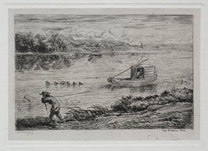 Die Bootsfahrt: Schiffsjunge zieht das Schleppseil oder zieht am Seil, 1861 von Charles Francois Daubigny