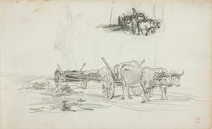 Zwei Skizzen von Ochsen, die einen Baumstamm ziehen von Charles Francois Daubigny
