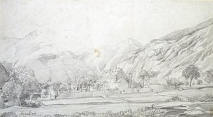 Ansicht von Gebäuden in einem ummauerten Gehege mit Bergen im Hintergrund, Mitte des 19. Jahrhunderts von Charles Francois Daubigny