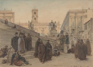 Das Kapitol vom Treppenaufgang der Kirche Aracoeli in Rom bei Sonnenuntergang von Charles Francois Houel