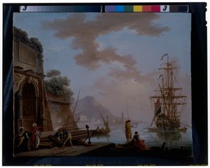 Ein Mittelmeerhafen mit Orientalen, die unter einem antiken römischen Bogen sprechen von Charles François Grenier de Lacroix