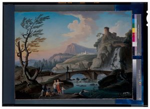 Eine Flusslandschaft mit Fischern, die ihre Netze einholen, eine felsige Landschaft und eine Fußbrücke dahinter von Charles François Grenier de Lacroix