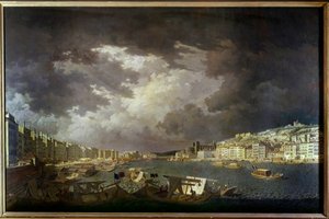 Ufer der Saone in Lyon. Links Handelsaktivitäten. Gemälde von Charles Francois Nivard (1739-1821) 1804