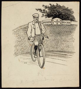 Ein Mann auf einem Fahrrad vor einem Schild, das die Kreisgrenze zwischen Middlesex und Buckinghamshire markiert