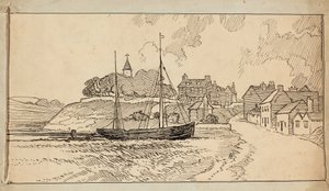 Ein Segelboot am Strand bei Ebbe, an einem Weg, der zu einem Dorf führt von Charles George Harper