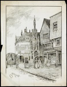 Ein Blick von Nordwesten auf das Butterkreuz, High Street, Winchester, Hampshire (Feder & Tinte auf Papier) von Charles George Harper