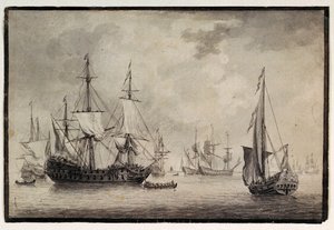 Niederländisches Kriegsschiff, Staatsyacht und ferne Schiffe in einem Hafen, spätes 18. Jahrhundert