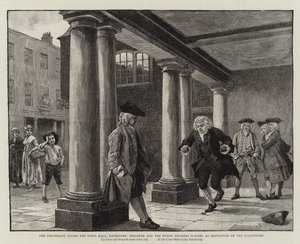 Die Kolonnade unter dem Rathaus, Rochester, Hogarth und die anderen Pilger spielen auf den Pflastersteinen Himmel und Hölle von Charles Green