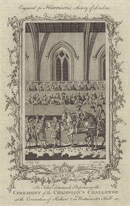 Sir John Dimmock führt die Zeremonie der Herausforderung des Champions bei der Krönung von Richard II. in der Westminster Hall, 1377 durch von Charles Grignion