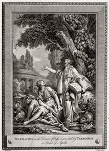 Telemachus in der Wüste von Oasis wird von Termosiris, einem Priester des Apollo, getröstet, 1774 von Charles Grignion