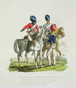 Einheimische Truppen im Dienst der Ostindien-Kompanie: ein Reiter der Leibgarde des Generalgouverneurs, ein Soldat der Bengalischen Regulären Kavallerie und ein Soldat der Java-Freiwilligen, graviert von Joseph von Charles Hamilton Smith