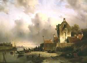 Ein Ästuar mit Fischern am Kai von Charles Henri Joseph Lieckert