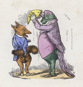Fuchs benutzt seinen Schwanz als Muff und Papagei schnupft Tabak (farbige Gravur)