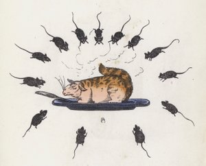 Gefräßige Katze auf einem Teller, umgeben von hungrigen Mäusen (farbige Gravur) von Charles Henry (after) Bennett