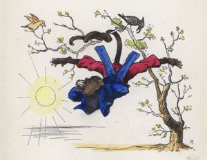 Affe, der an seinem Schwanz von einem Baum hängt