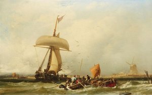 Holländische Küstenansicht mit Segelschiff und Booten
