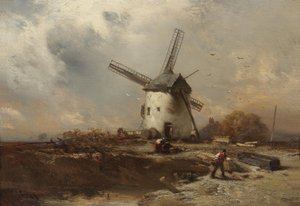 Landschaft mit Windmühle und dekorativen Figuren