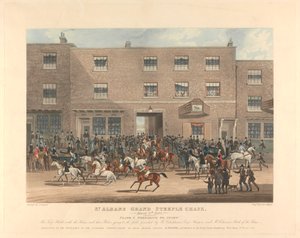 Steeplechasing [Satz von sechs]: St. Albans Grand Steeple Chase. / 8. März 1832. Platte 1. Vorbereitung zum Start ... von Charles Hunt