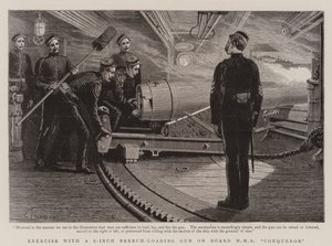Übung mit einer 6-Zoll-Hinterladerkanone an Bord der HMS Conqueror von Charles J. Staniland