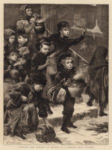 Die Hungrigen füttern, eine Skizze in einer Londoner Suppenküche von Charles J. Staniland