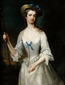Porträt einer Dame, möglicherweise die Herzogin von Ancaster, dreiviertel Länge, als Schäferin, in einem weißen Satinkleid und Hut, in einer Landschaft