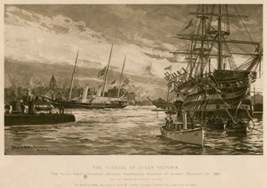 Das Begräbnis von Königin Victoria. Die königliche Yacht Alberta, die den Körper der Königin trägt, fährt bei Sonnenuntergang in den Hafen von Portsmouth ein von Charles John de (after) Lacy