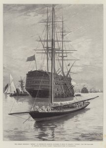 Der deutsche Kaiserliche Meteor im Hafen von Portsmouth, vor Nelsons Victory verankert, jetzt das Flaggschiff von Admiral Sir Nowell Salmon, Oberbefehlshaber in Portsmouth von Charles John de Lacy