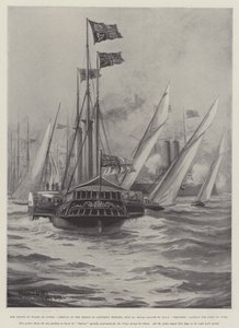 Der Prinz von Wales in Cowes, Ankunft des Prinzen am Samstagabend, 30. Juli, königlicher Salut durch HMS Crescent, Kapitän der Herzog von York