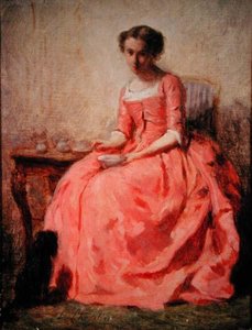 Mädchen im rosa Kleid an einem Tisch von Charles Joshua Chaplin