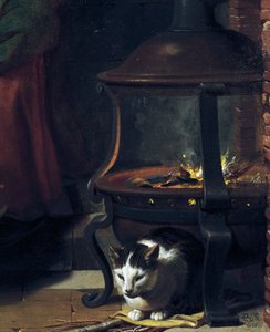 Katze unter brennendem Kohlenbecken, Detail aus dem schlafenden Jesuskind, Gemälde von Charles Le Brun (Detail)