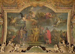 König Ludwig XIV. (1638-1715) gibt den Befehl, gleichzeitig vier der stärksten niederländischen Positionen anzugreifen, Deckenmalerei aus der Galerie des Glaces