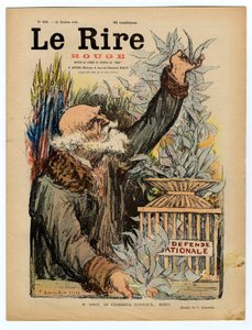 Cover von „Das rote Lachen“, satirisch in Farben von Charles Leandre