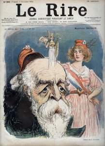 Eugène Henri Brisson (1835-1912), französischer Anwalt, Journalist und Politiker - Marianne hebt eine rote Kappe von Bressons Kopf und aus ihrem Kopf scheint die Göttin Athena mit allen Attributen zu steigen - Karikatur von Charles Leandre (1862-1934) in „