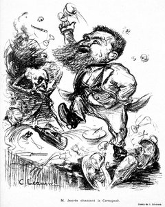 Jean Jaurès tanzt und singt Carmagnole auf einem Banketttisch (vermutlich betrunken) Bild in Le Rire Nr. 105 vom 7. November