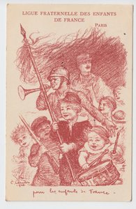 Postkarte, Satirische in Farben: Ligue fraternelle des enfants de France - Krieg von 14-18, Kindheit, Patriotische Tage Illustration von Charles Leandre (1862-1934) von Charles Leandre
