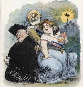 Trennung von Kirche und Staat: „Der französische Politiker Jean-Bienvenu Martin (Bienvenu-Martin) (1847-1943), Minister für öffentliche Bildung, Schöne Künste und Gottesdienste, versucht verzweifelt, die Kirche als Priester von Frankreich zu trennen von Charles Leandre