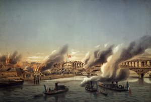 Flottille der Seine erzwingt den Eintritt in Paris an der Barrikade am 21. Mai