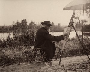 Der Maler Lhermitte Léon (1844-1925), bei der Arbeit am Ufer der Marne, nicht weit von seinem Anwesen, etwa 1914-1915, Frankreich von Charles Lhermitte