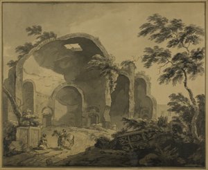 Römische Ruinen mit zwei Bauern im Vordergrund